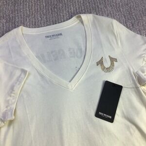 True Religion Womens Crystal Studded V Neck T Shirt‎ Winter White Size M NWT